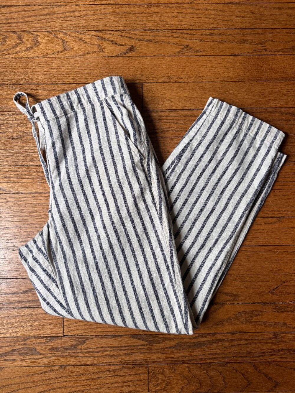 J. Crew Tie Waist Seaside Pant Size Small Tall Navy Stripe Linen Cotton Coastal